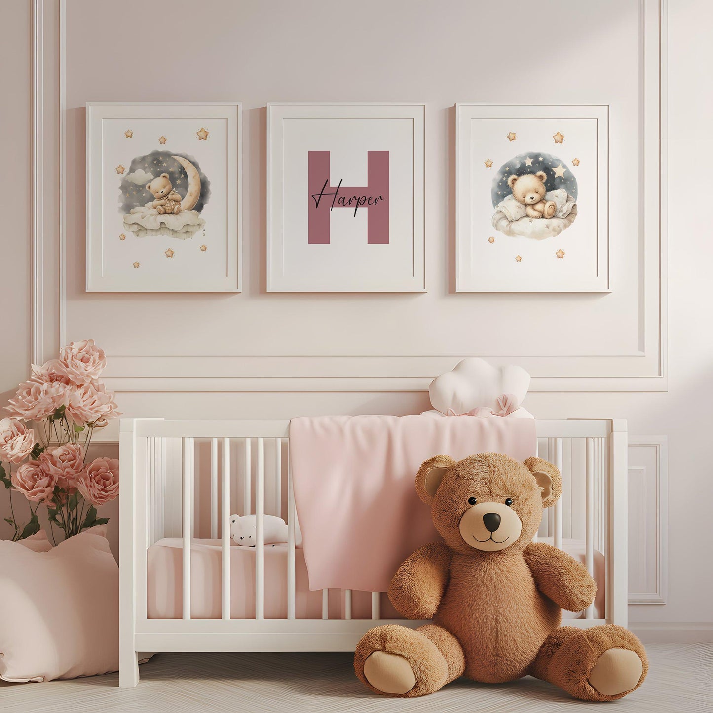 Soft pink nursery room with roses, a plush teddy bear, and teddy bear flower name sign wall art adding warmth and charm.