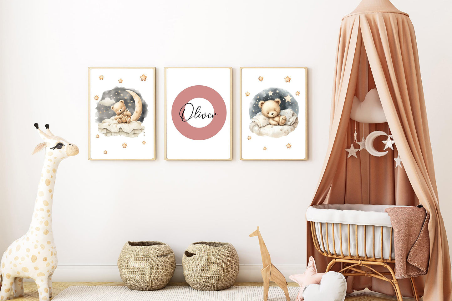 Vibrant nursery wall with rainbow wallpaper, a crib, and teddy bear-themed flower name sign wall art with warm tones and soft star details.