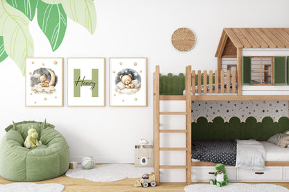 Sunlit nursery featuring three framed teddy bear flower name signs with soft pastel tones, wooden frames, and playful star accents.