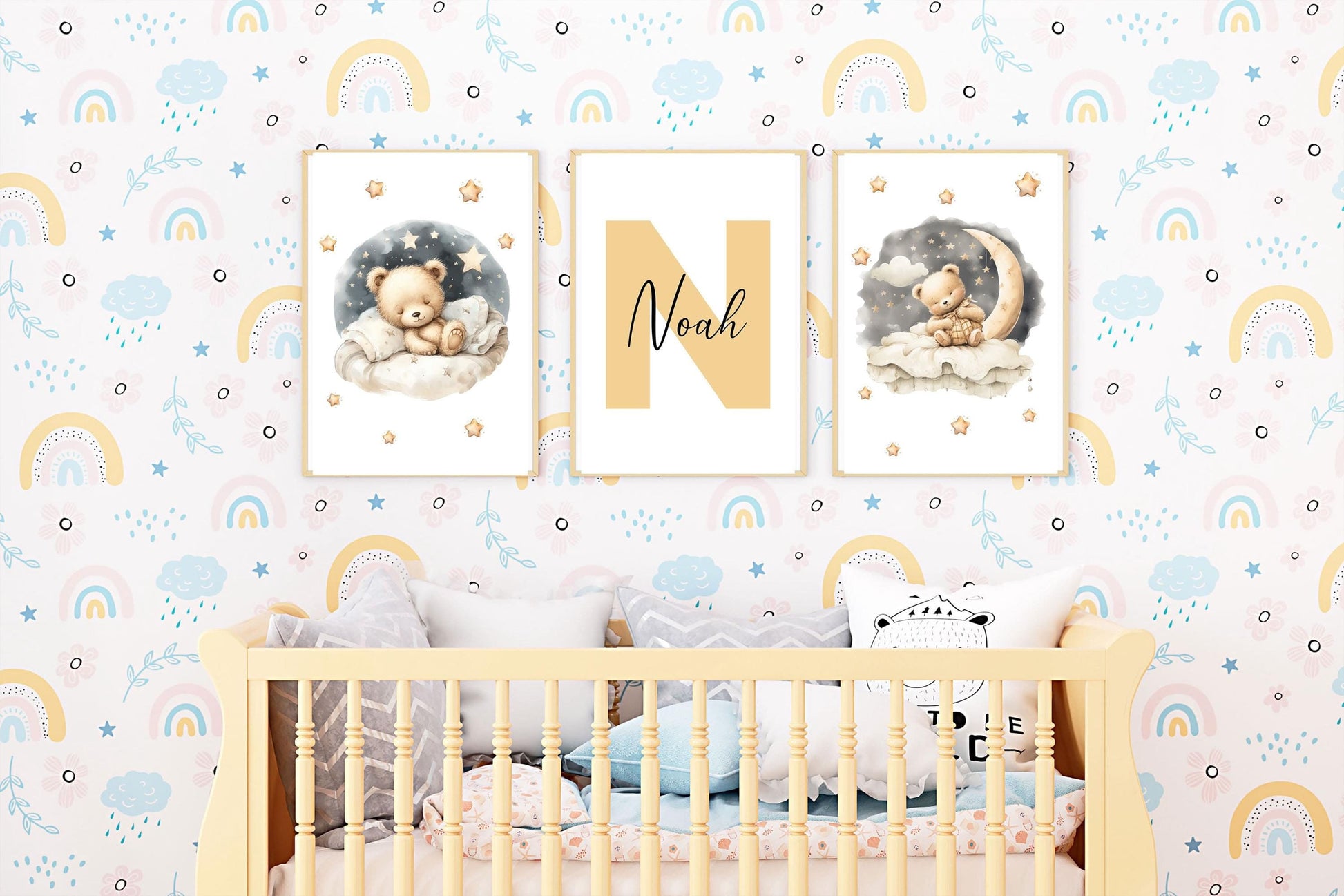 Cozy nursery room with a crib and blue teddy bear-themed flower name sign wall art featuring soft colors and star accents for a calming atmosphere.